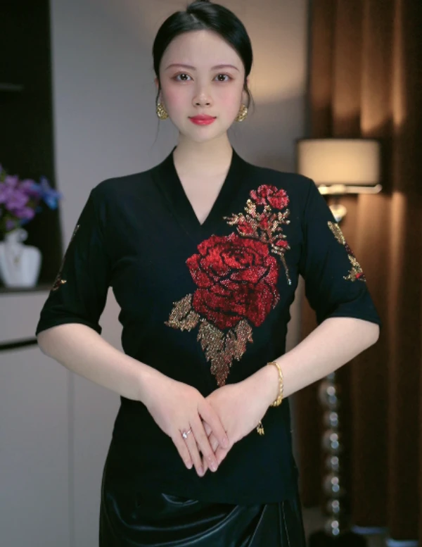 【雨鑫爆款】春季新款短袖冰丝螺纹烫钻欧货显瘦百搭上衣内搭T恤