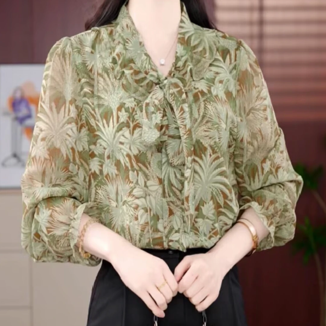 早秋外穿时尚薄款绑带冰丝衬衫大码胖mm宽松显瘦遮肉雪纺小衫