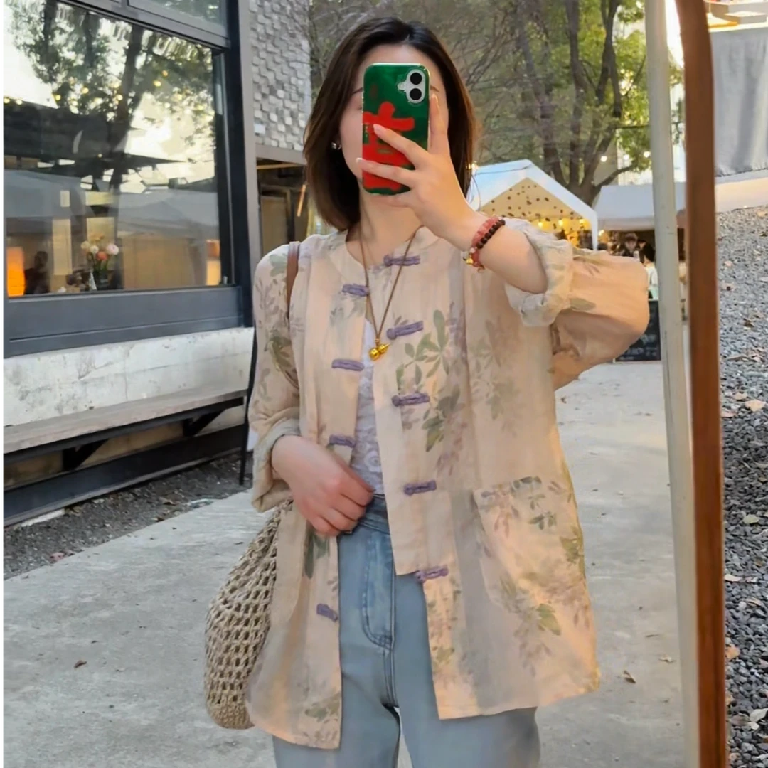 Art li中国风复古苎麻印花盘扣衬衫春季禅意茶服开衫外搭82F36-1