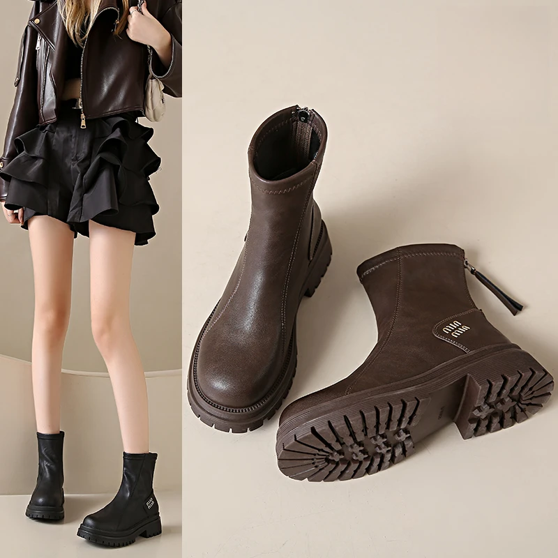 梅蔓琳真皮薄绒马丁靴冬季新款防滑短靴小个子厚底中筒瘦瘦靴