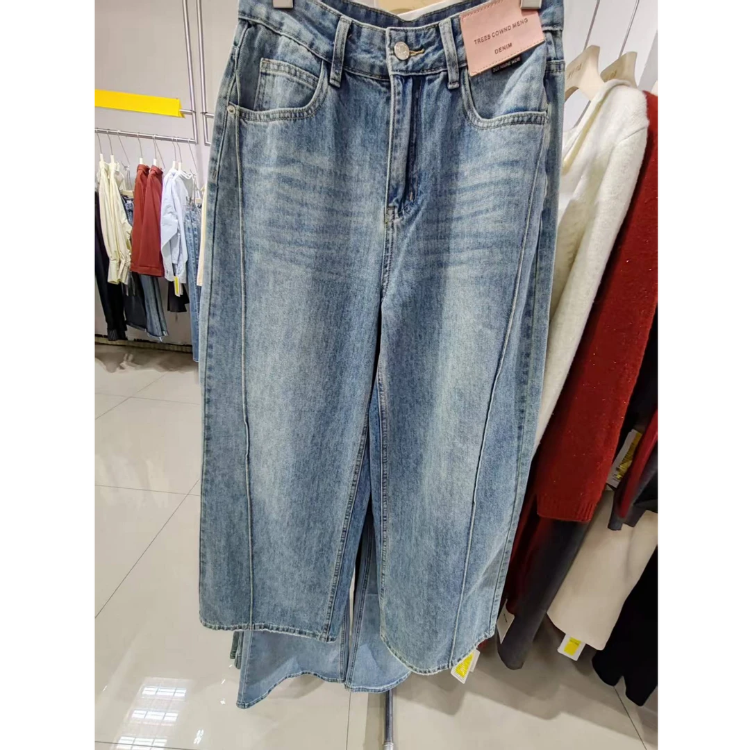 牛仔裤蓝色中腰时尚休闲百搭宽松老爹裤水洗浅蓝