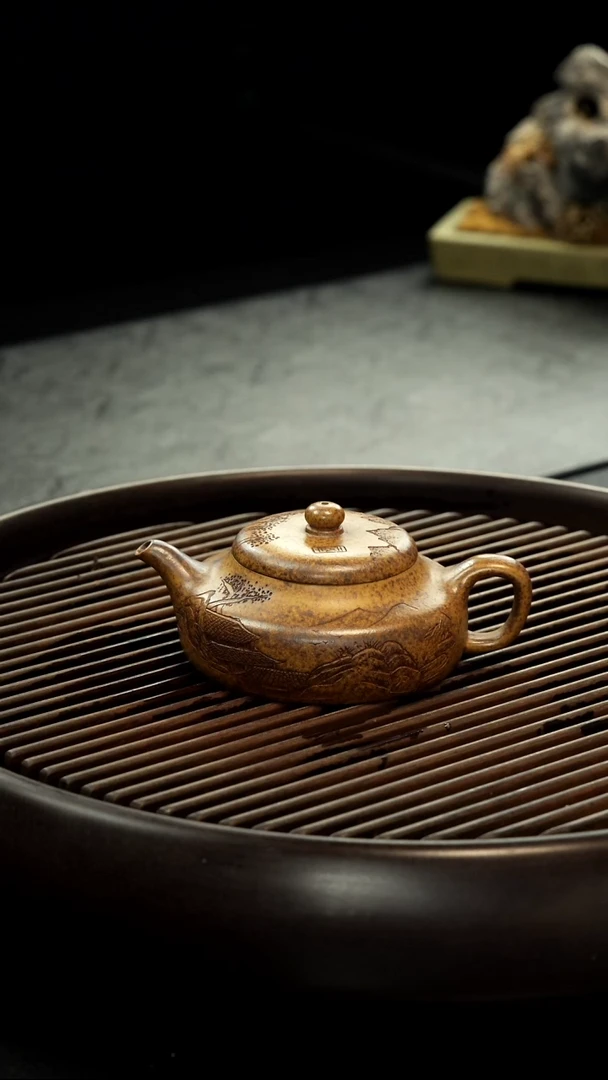 茶壶紫砂柴烧 静乐壶 刻绘观山 山水