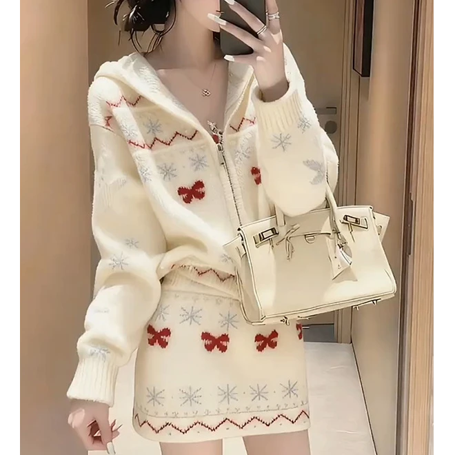 韩系秋冬chic白色针织套装女2025新款慵懒风穿搭上衣半身裙两件套