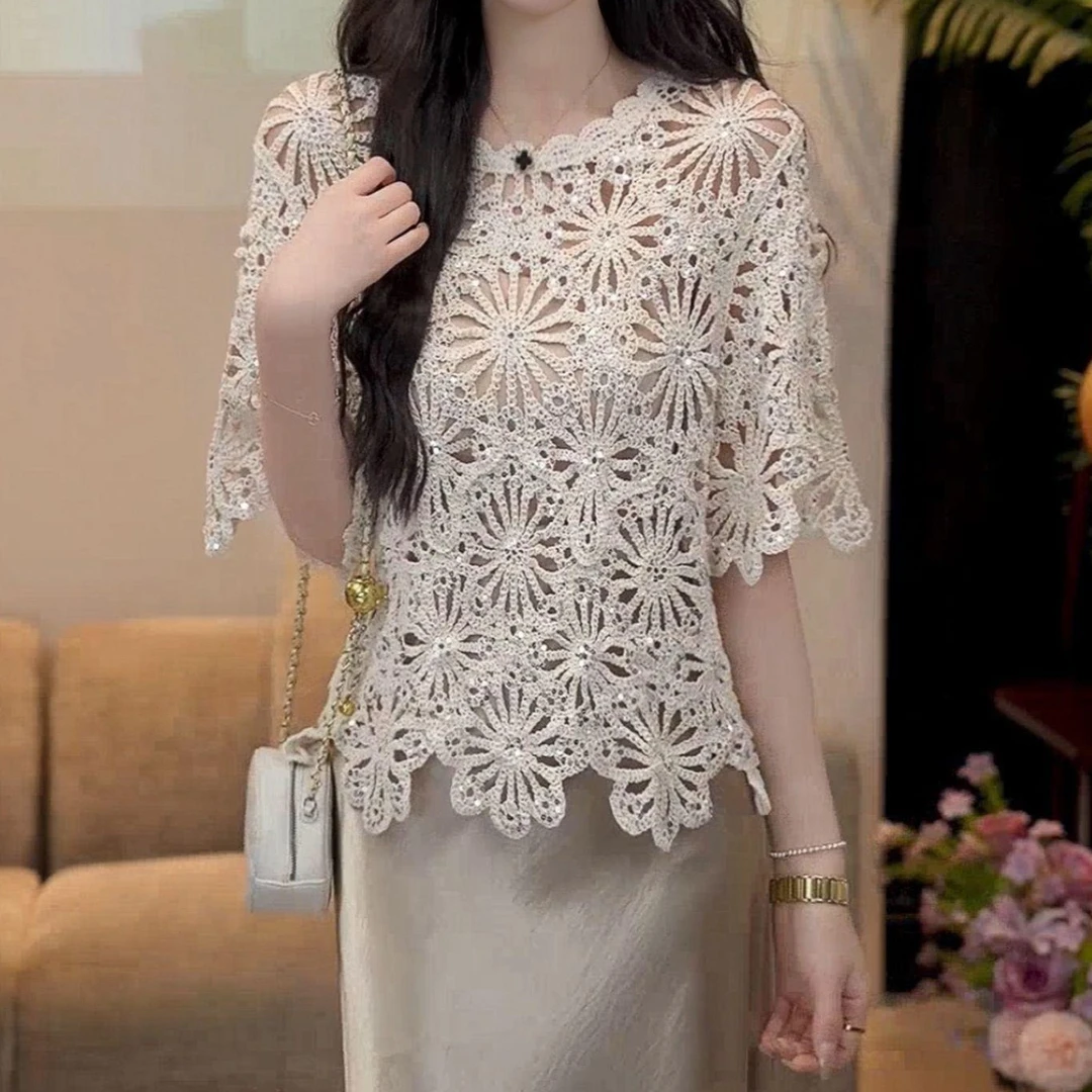 2025新款夏装波西米亚风法式高级感设计感宽松气质镂空针织衫女
