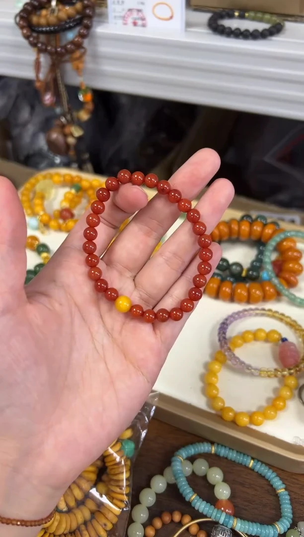 未镶嵌蜜蜡手链蜜蜡顶珠柿子红圆珠手链6MM[0310]