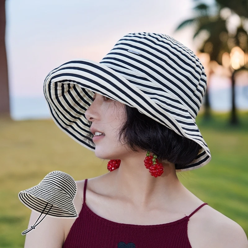 北欧黑白条纹UPF50+基础便捷防晒大檐渔夫帽女夏太阳帽遮阳帽新款