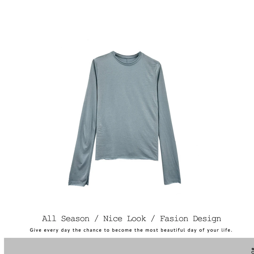 975 漫画身材T纯色小圆领打底长袖T恤百搭修身显瘦上衣女#249