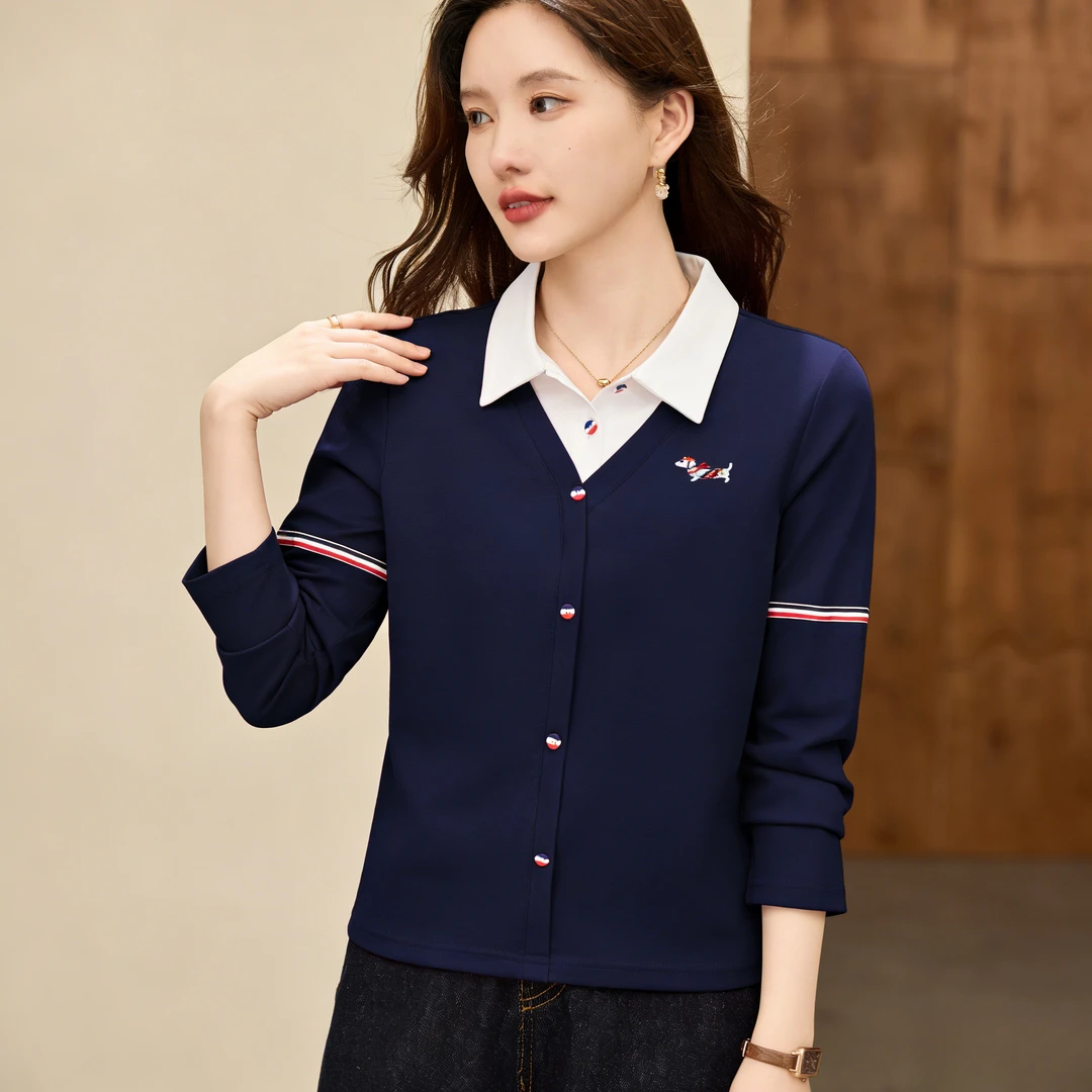 翻领假两件长袖打底衫女2025秋季新款修身时尚百搭气质女士上衣