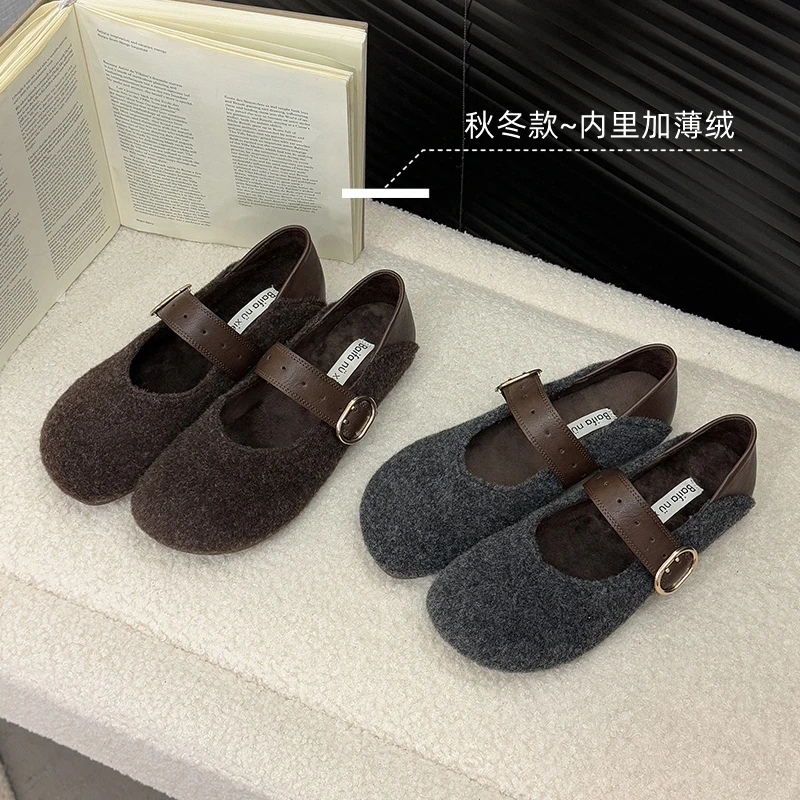 仙女风玛丽珍鞋搭扣毛毛鞋单鞋女2025秋季新款韩版软底浅口平底鞋