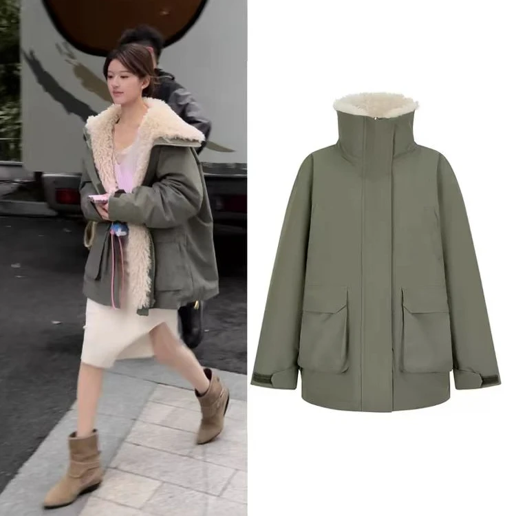 露思同款羊羔绒工装外套灰草绿加厚宽松韩版派克服冬装新款冲锋衣