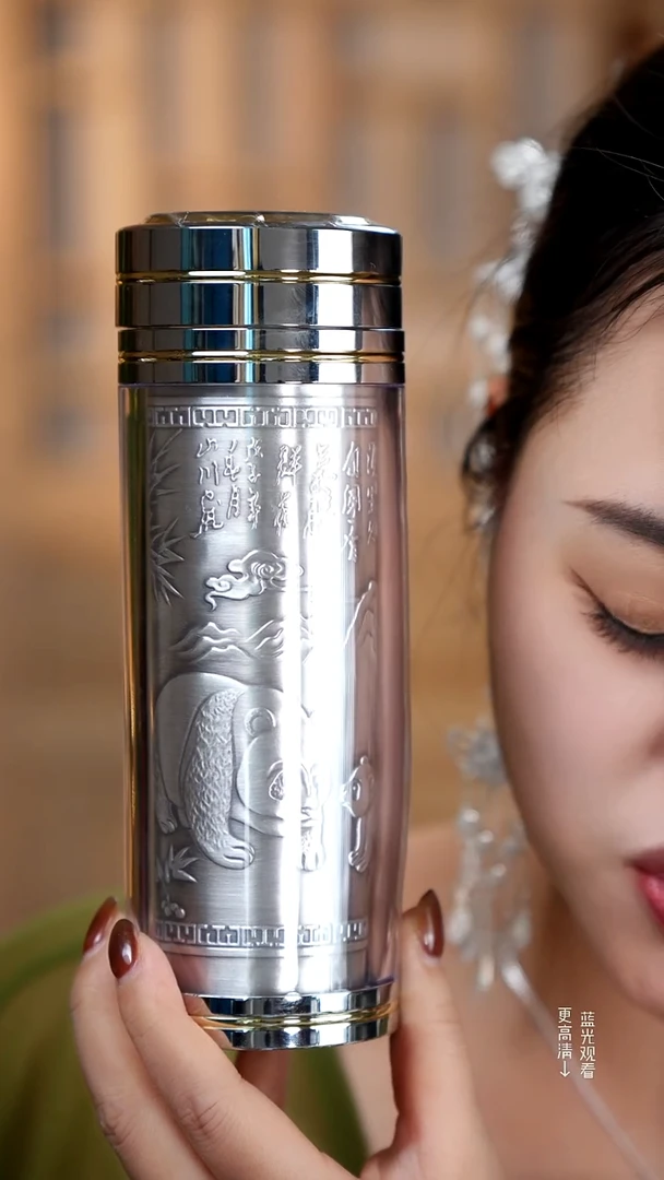 珐琅足银999竹节熊猫银水杯