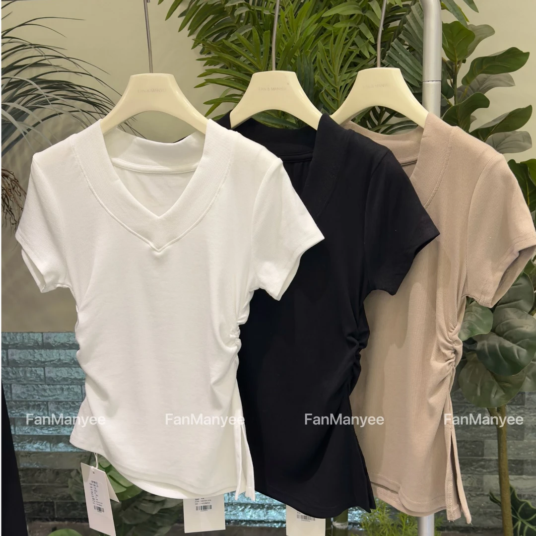 【减龄夏日】春夏纯色韩版不规则收腰褶皱短袖修身显瘦上衣