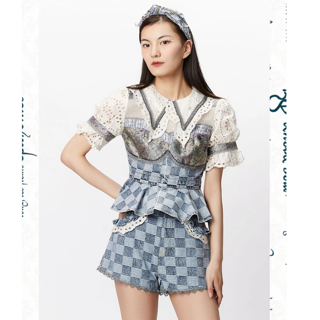 LULUALWAYS【商场同款】新款复古牛仔荷叶边网纱拼接短款伞摆上衣
