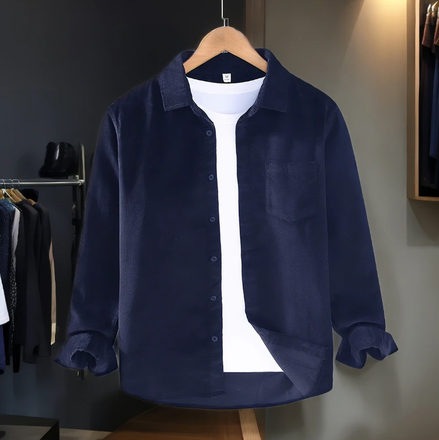 春秋款棉灯芯绒长袖衬衫男百搭条绒衬衣青年休闲宽松男士外套简约