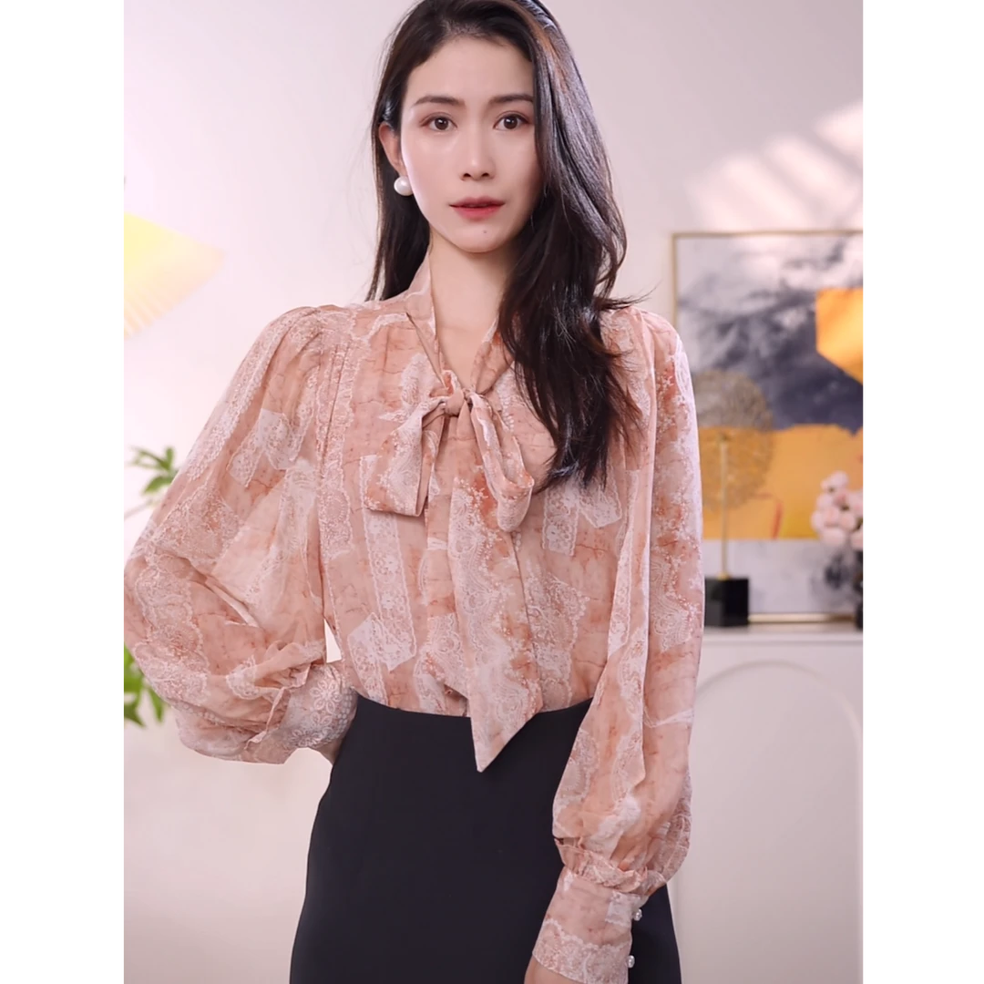 常规款系带百搭衬衫春季女薄款宽松宽松型复古衬衣