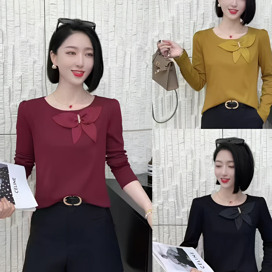 【玲子现货】813 法式蝴蝶结蝴蝶长袖T恤气质女