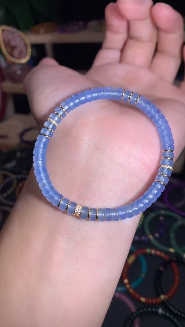 玛瑙/玉髓手串银S925镶嵌蓝玉髓精工直切药片DIY款5.5mm