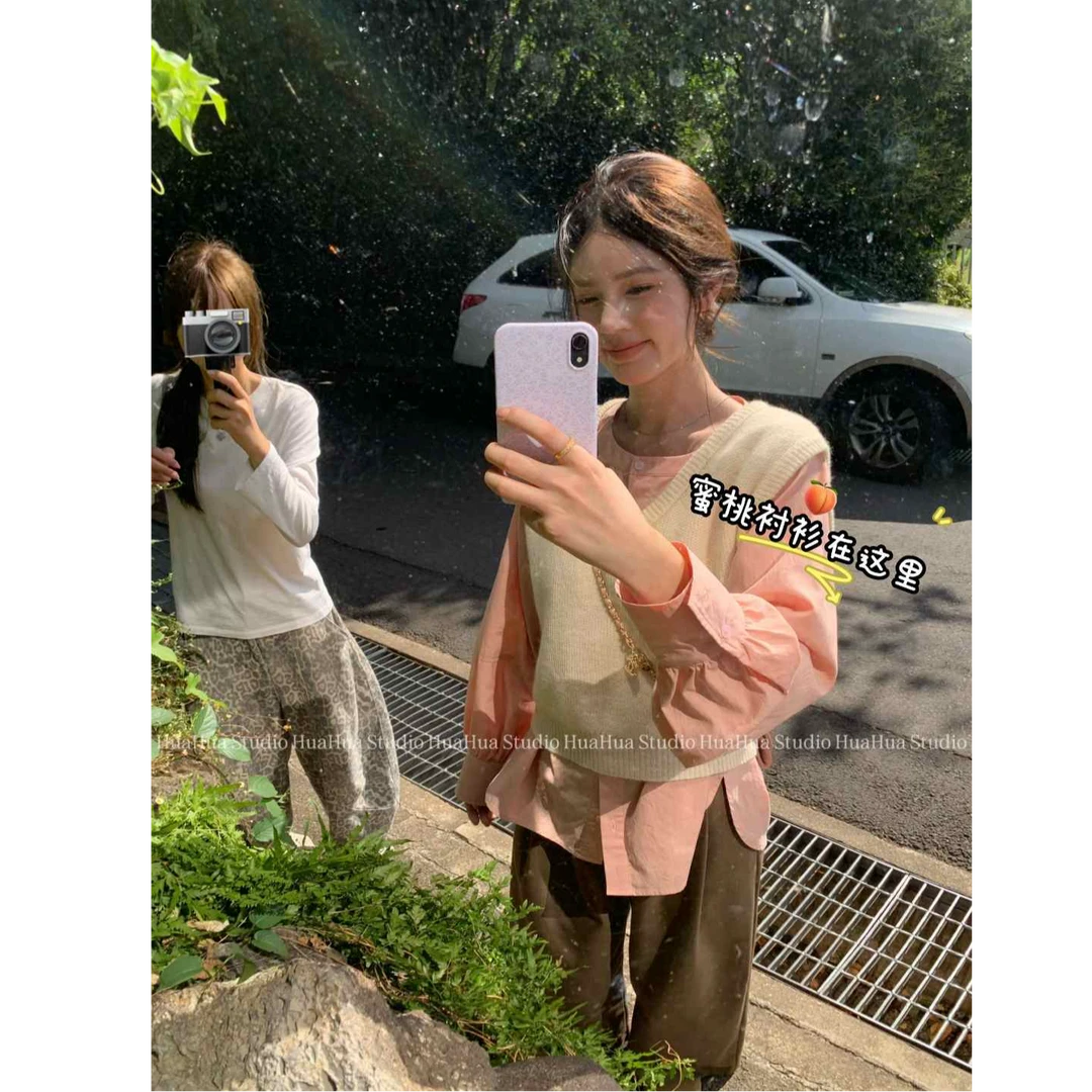 【花花】蜜桃衬衫~褶皱圆领排扣设计感慵懒感显瘦韩系长袖衬衫