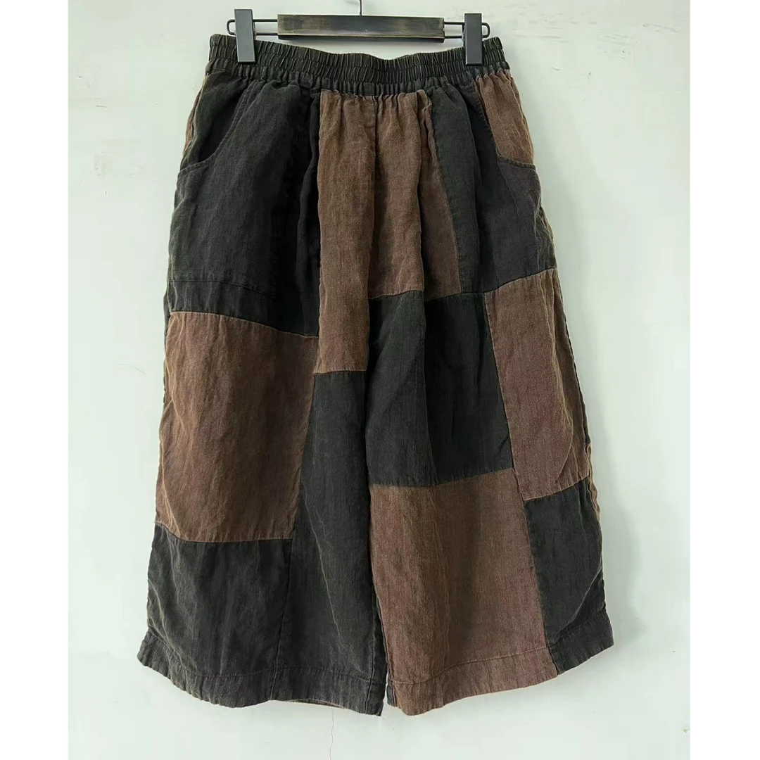 衣秋白-原创复古拼接亚麻七分休闲裤351008