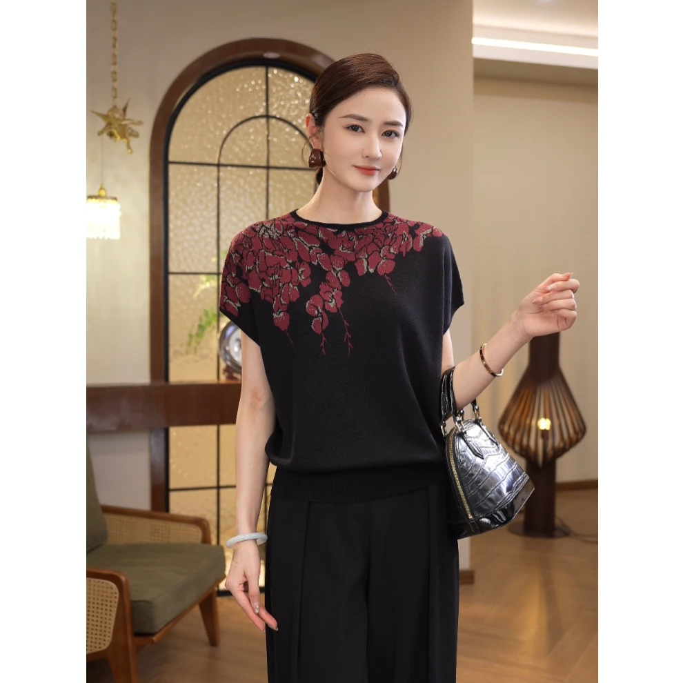 现货2025新【DD-106】莱赛尔夏季必入红黑花朵上衣女设计高级感十足