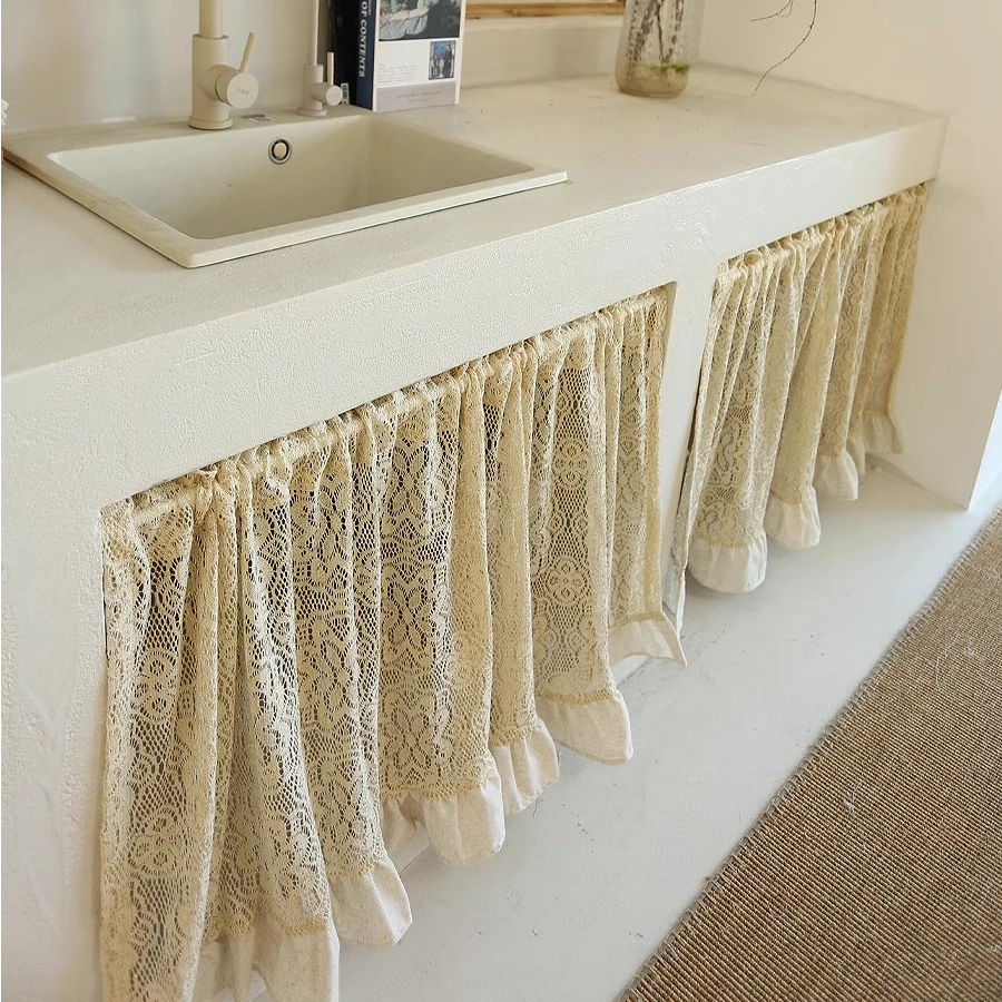 乡村复古麻布边奶油缕空钩针蕾丝缕空金线门帘半帘短帘遮挡帘成品