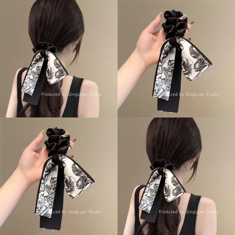 水墨江南~新款中式缎面飘带发圈头绳女气质蝴蝶结低马尾发绳盘发