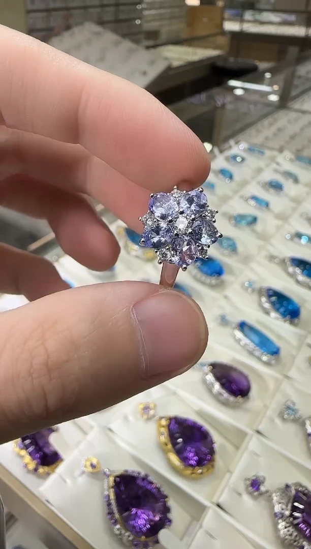 银S925镶嵌戒指坦桑石4*6mm