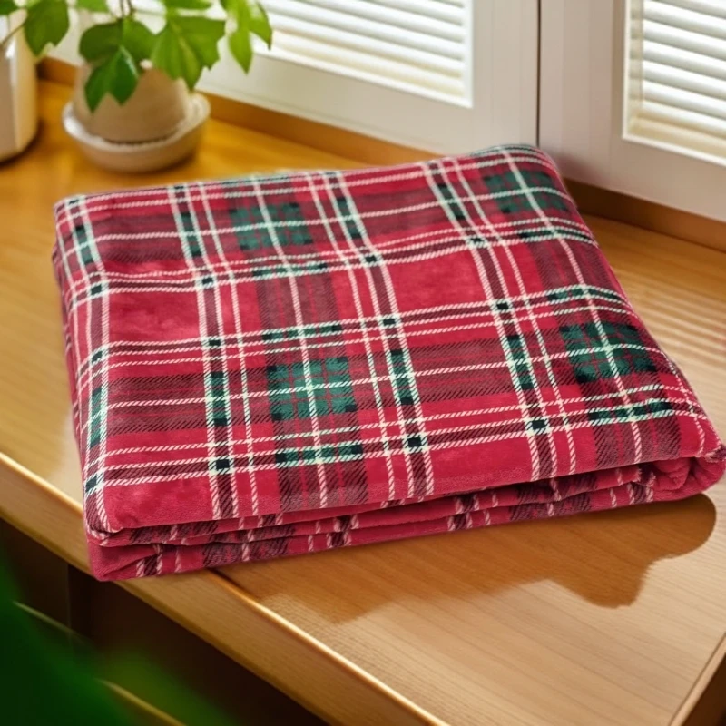 （福妮家纺）230*250圣诞红色复古格子双面绒毛毯冬季保暖新款毯子