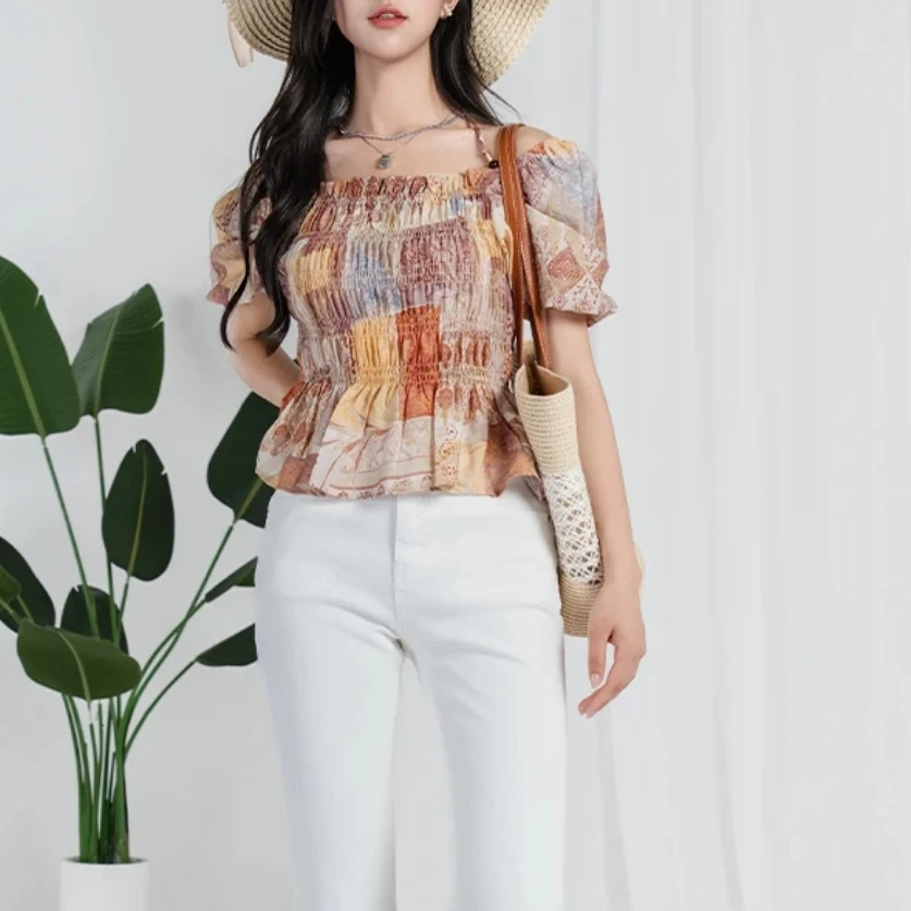 衣源5089#波西米亚风上衣夏短袖衬衫2025新款法式印花泡泡袖小衫