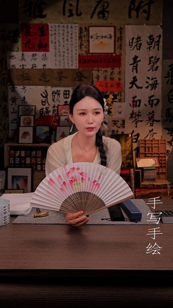 国画?****g607- 7寸 手写  扇子 荷花 -白棠
