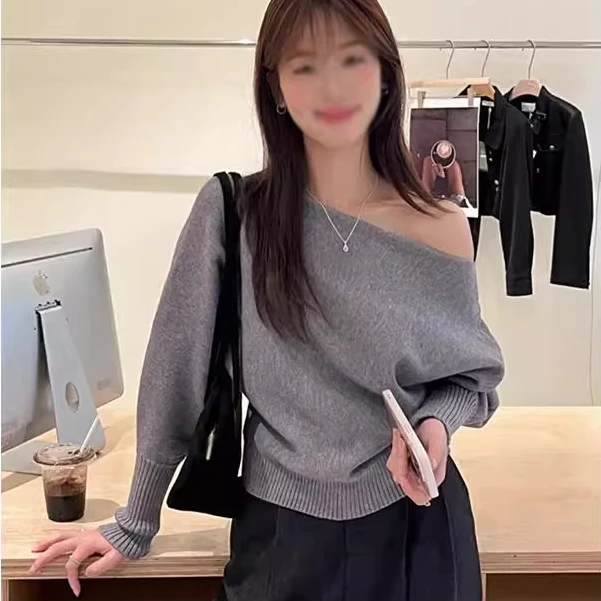 一字肩针织衫女开春高级感慵懒软糯毛衣收腰显瘦内搭秋冬打底上衣