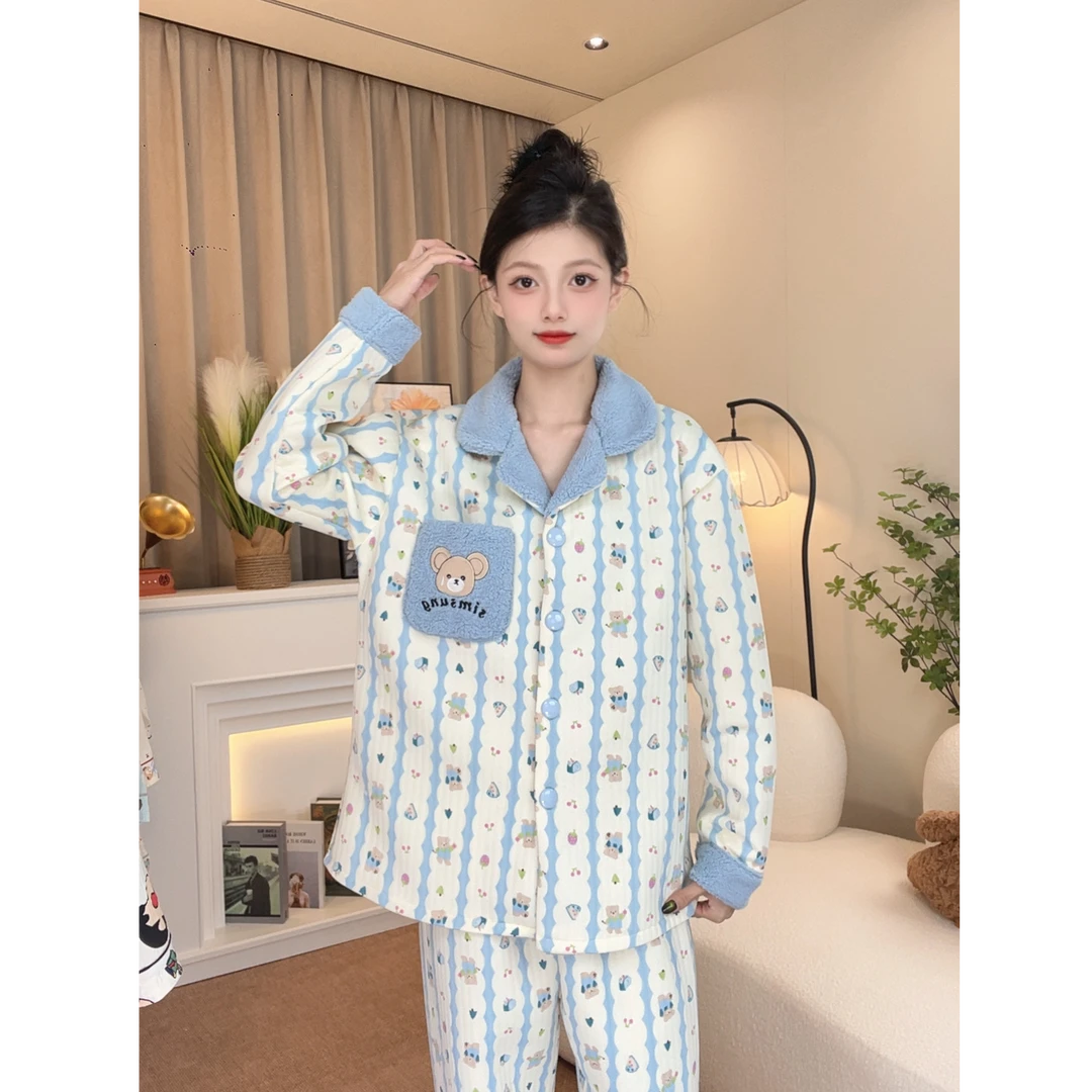 【甜美小熊】夹层空气棉2025秋冬季新款睡衣女款保暖甜美套装家居服