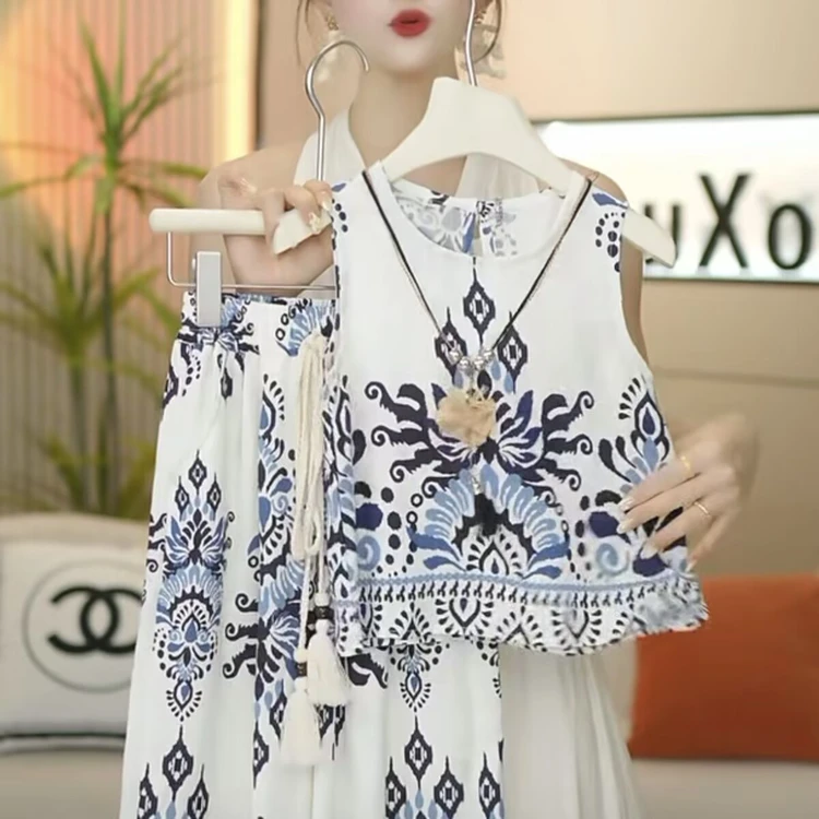 女童夏季套装2025新款潮儿童民族风夏装女孩吊带背心阔腿裤两件套