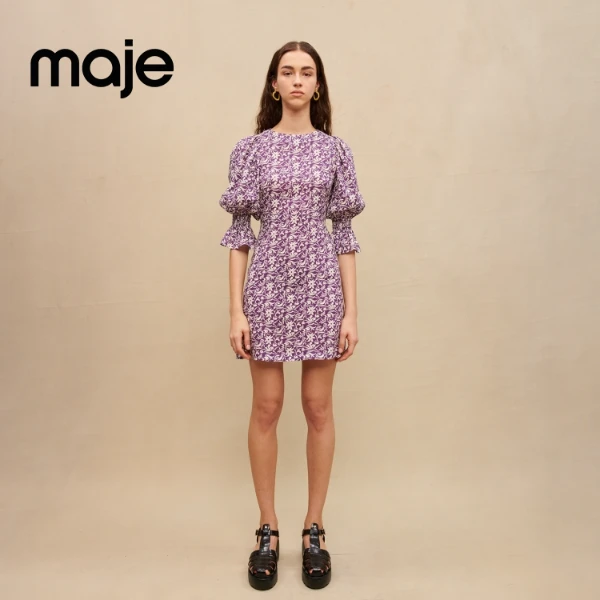 氛围感穿搭|Maje春夏女时尚混色印花镂空公主袖连衣裙MFPRO02851