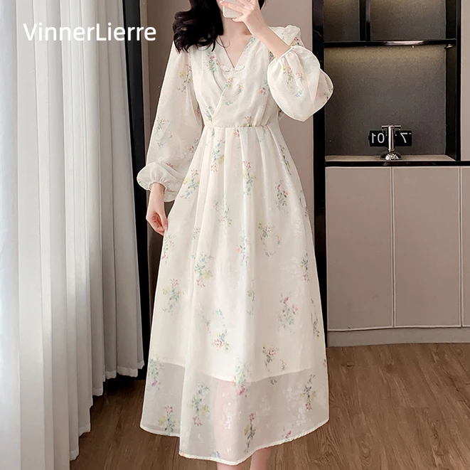薇妮诺V领法式碎花小清新显瘦连衣裙中国风夏季收腰旗袍春秋