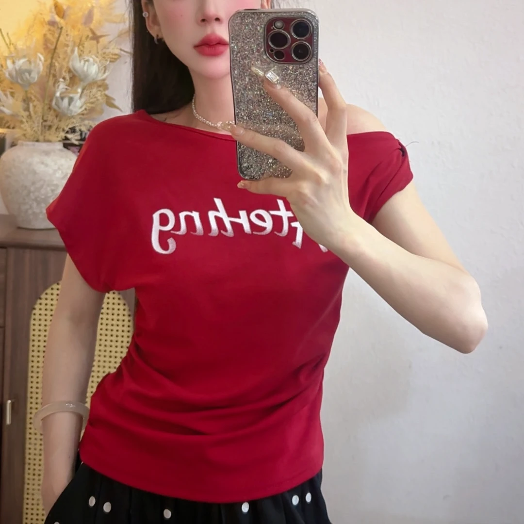 [DARUI]时尚斜肩印花短袖t恤女设计感洋气短款修身露肩上衣636