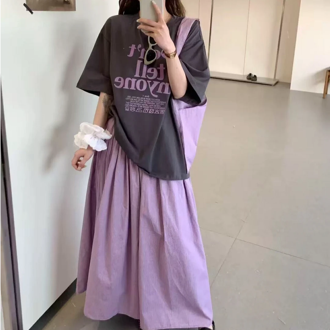 夏季学院风休闲宽松T恤搭配包包高腰半身裙套装