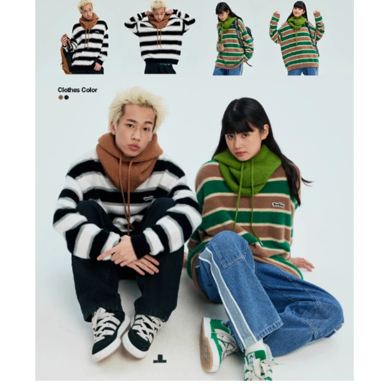 turnthetables仿貂毛圆领条纹撞色毛衣男女宽松日系针织软糯慵懒