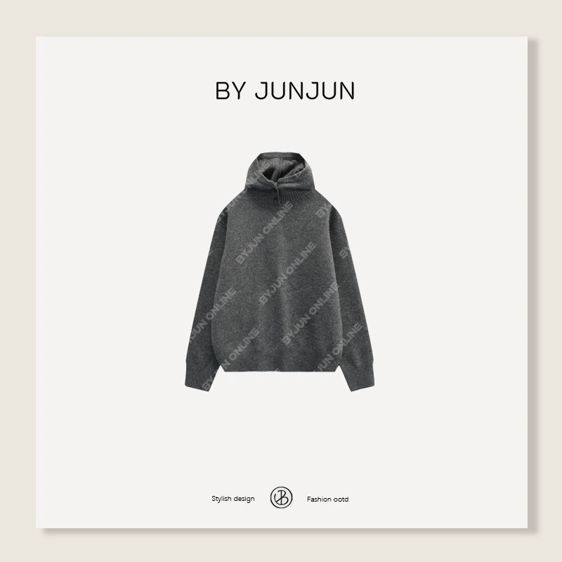 ByJunjun冬季新品通勤百搭拉美尔两粒扣羊毛帽衫保暖显瘦针织衫