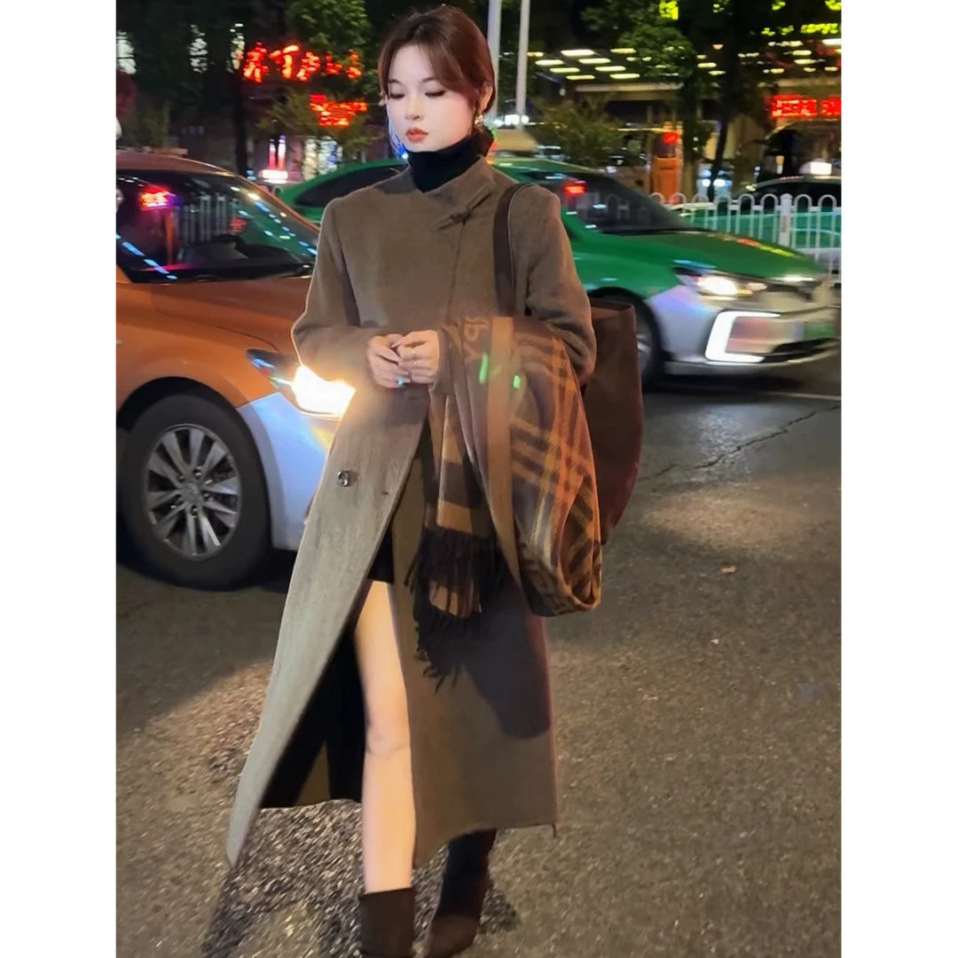 韩系气质加厚长款双面呢大衣女2025新款秋冬收腰显瘦保暖羊毛外套