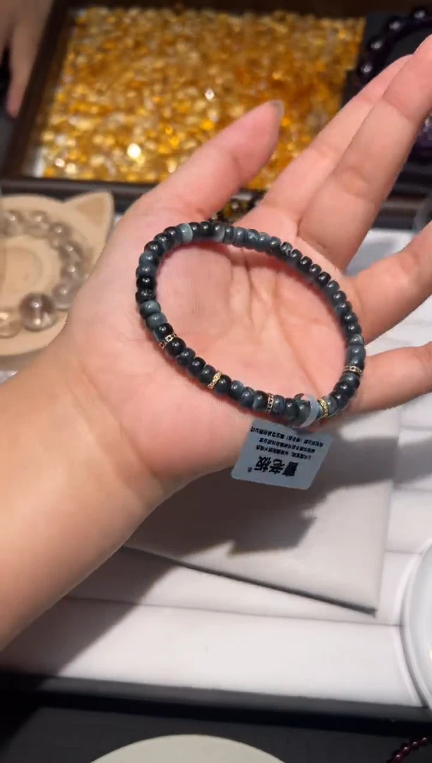 银S925镶嵌手链木变石（虎睛石）蓝虎眼文玩串