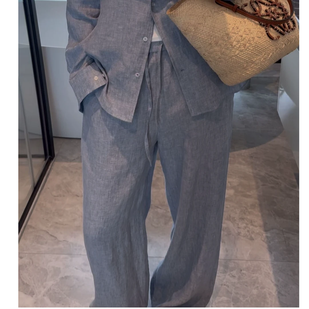 【zhao】LP老钱风浅蓝亚麻休闲裤丨赵娜高端女装白色休闲裤子度假风