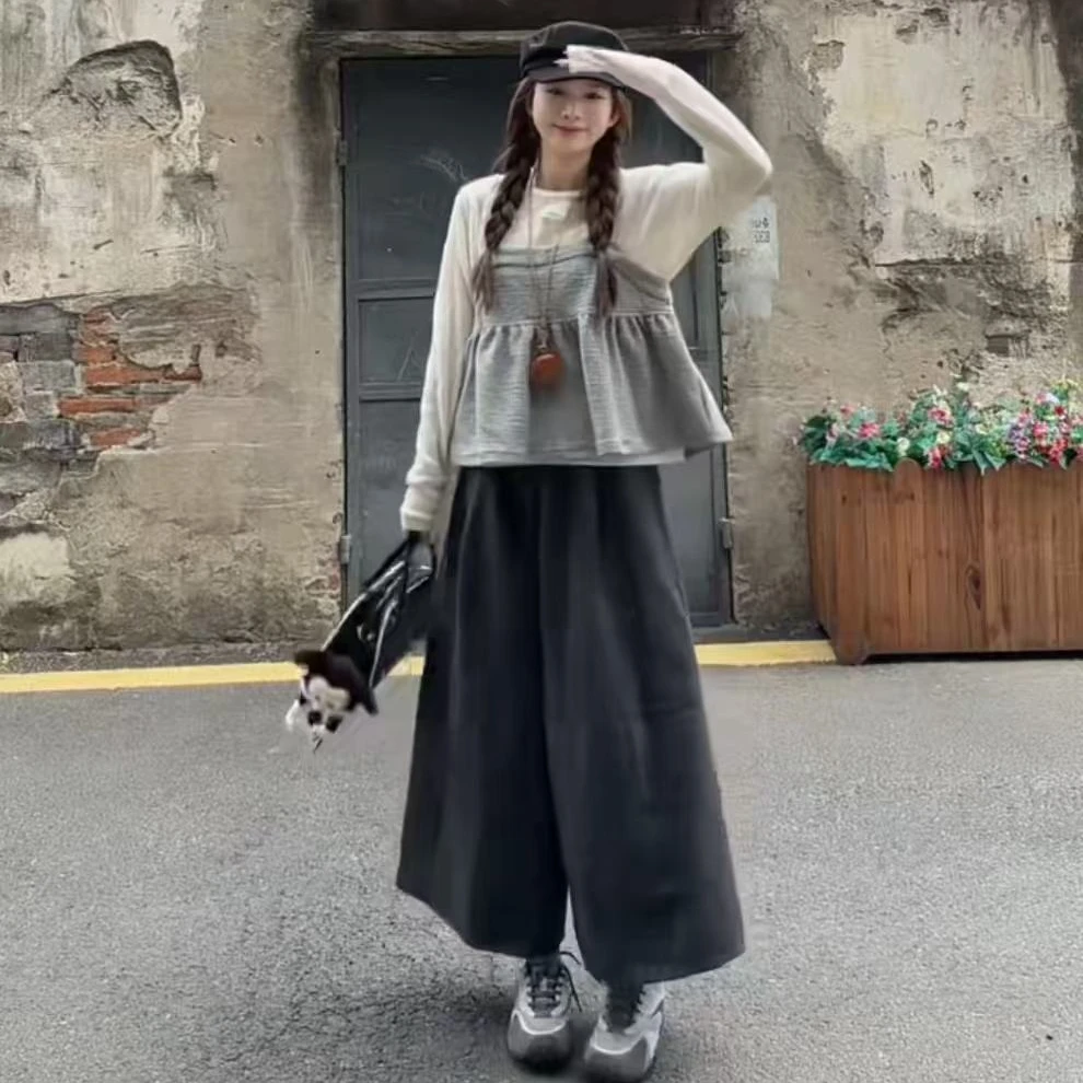 肉肉家韩系设计感叠穿吊带打底毛衣加厚毛呢弯刀裤三件套装女