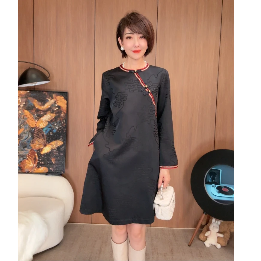 露【鸿运当头】加厚喜庆红色冬季新款织锦缎中式国风连衣裙T1213