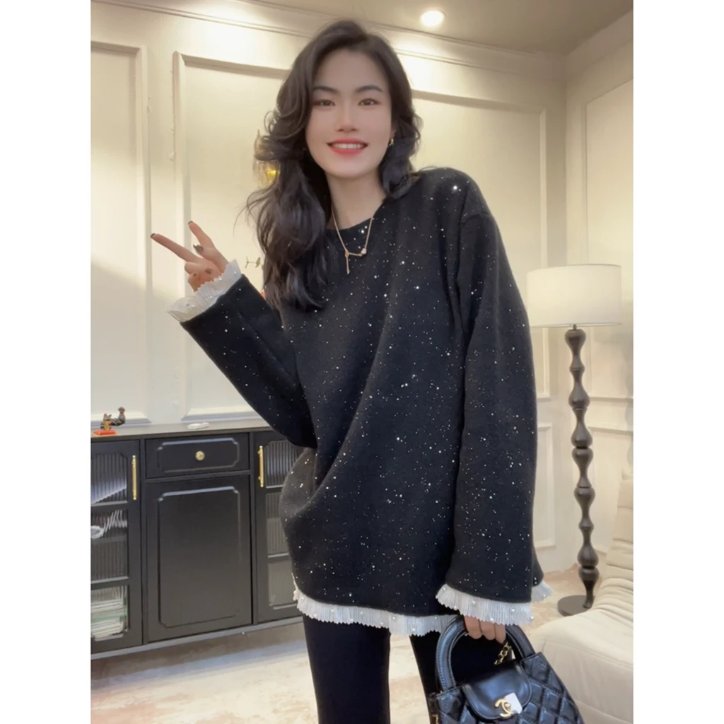 【泡芙】定制面料高级感红色亮片拼接针织加厚卫衣宽松上衣女pp