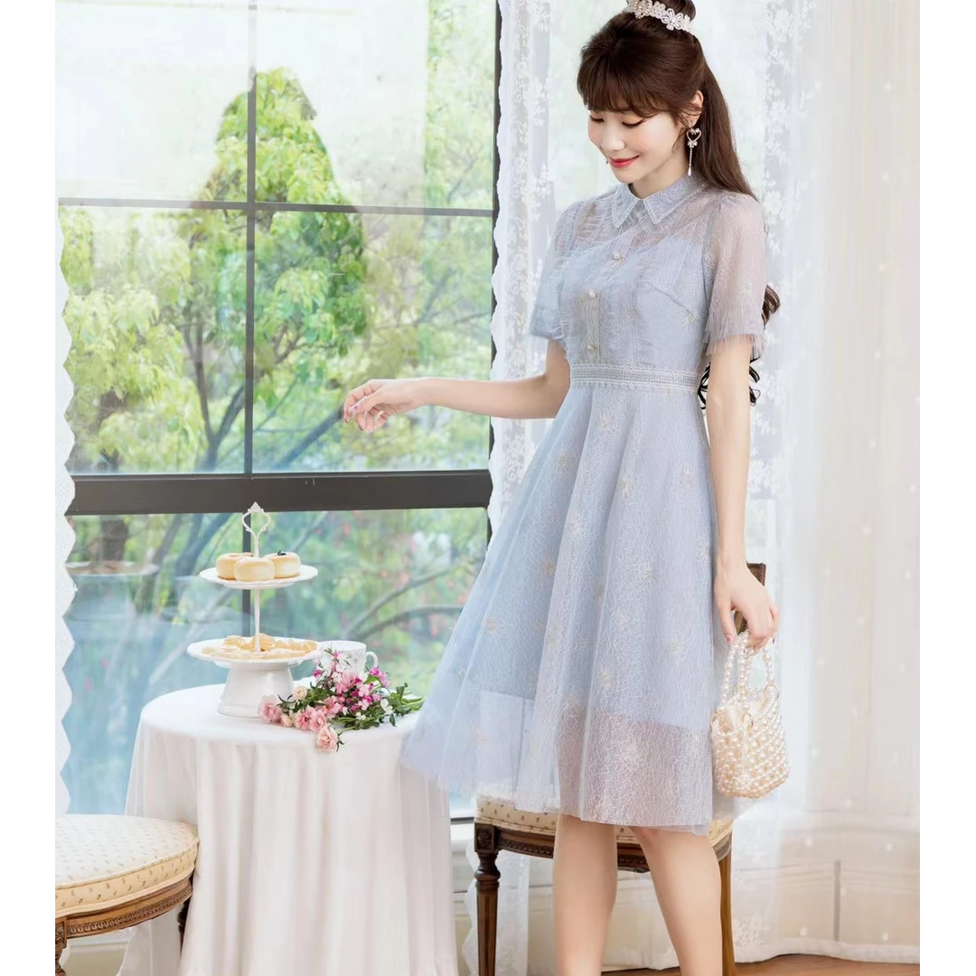 刺绣反领连衣裙L8978新款长裙印花时尚刺绣公主风短袖蕾丝气质