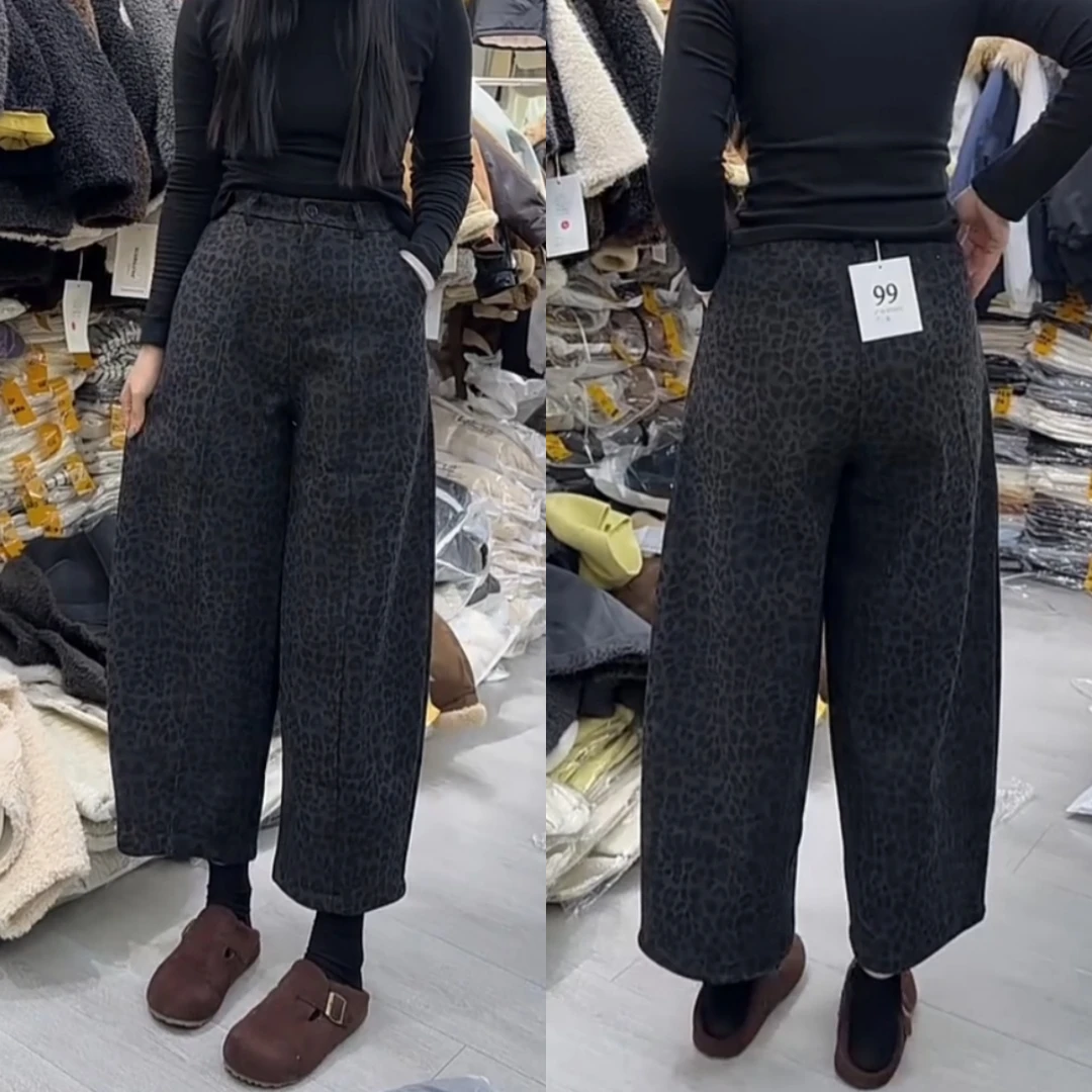 景倩妮今年流行洋气豹纹休闲裤2025年冬季新款加绒显瘦九分哈伦裤