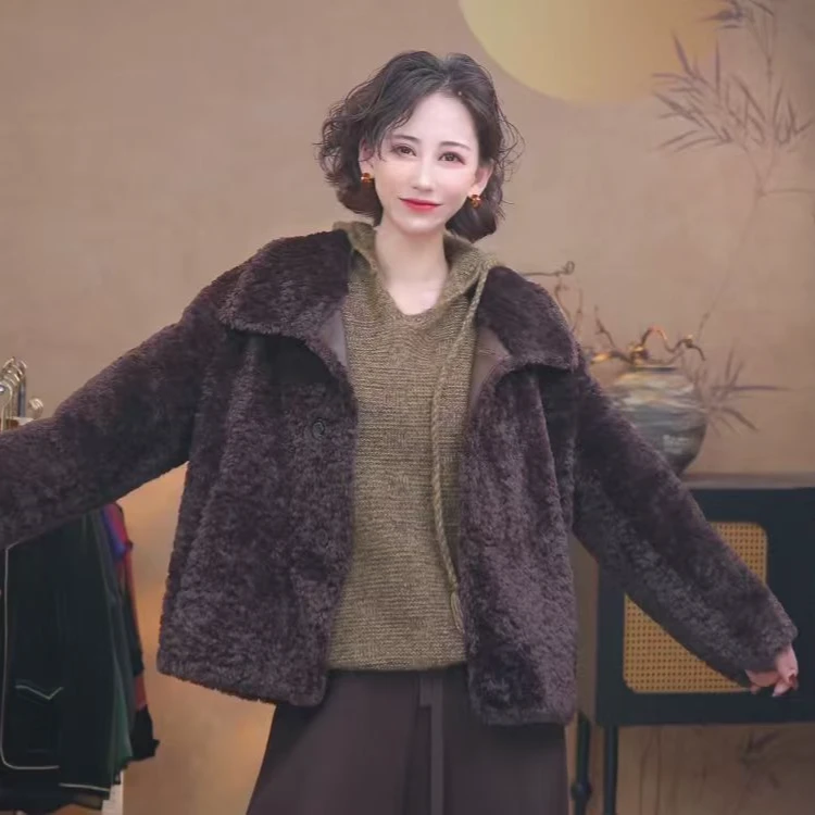 翻领女秋冬长袖短款厚款毛呢外套透气做旧冬季千金风C1070