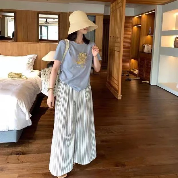 【香姐推荐】【A773】手洗夏季新款麻料条纹阔腿裤松紧腰休闲裤长96