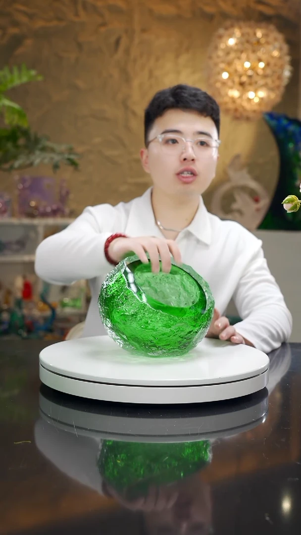 手工艺品琉璃冰川纹绿色聚宝盆